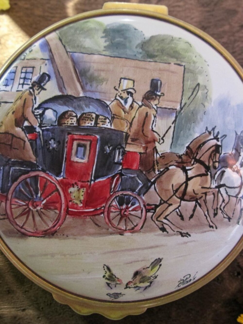 Kingsley Enamel Trinket Box COACH & HORSES Hand Painted and Signed by Artist